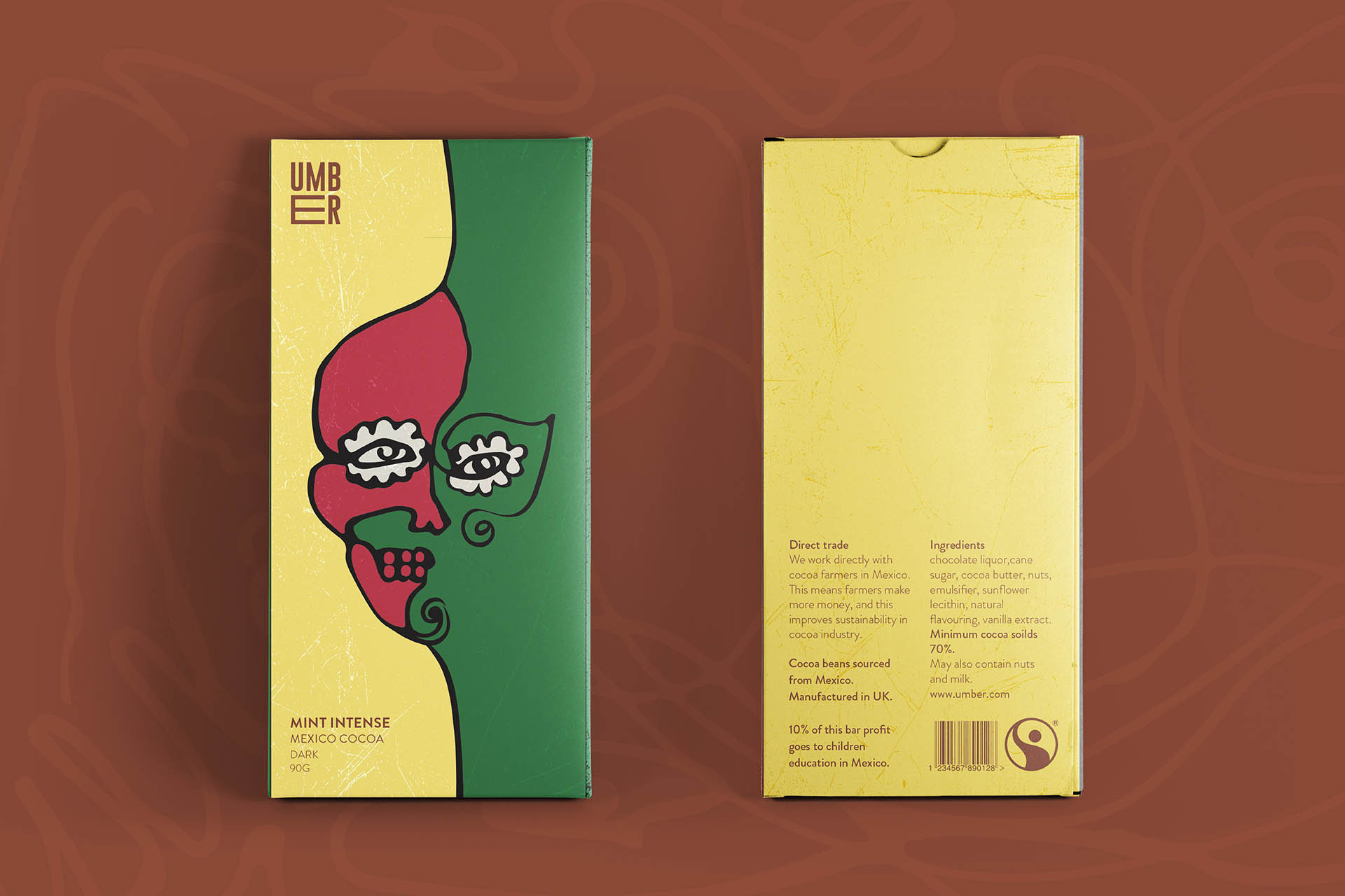 Visual identity and packaging for Umber a chocolate brand working with cocoa farmers to improve their income and sustainability