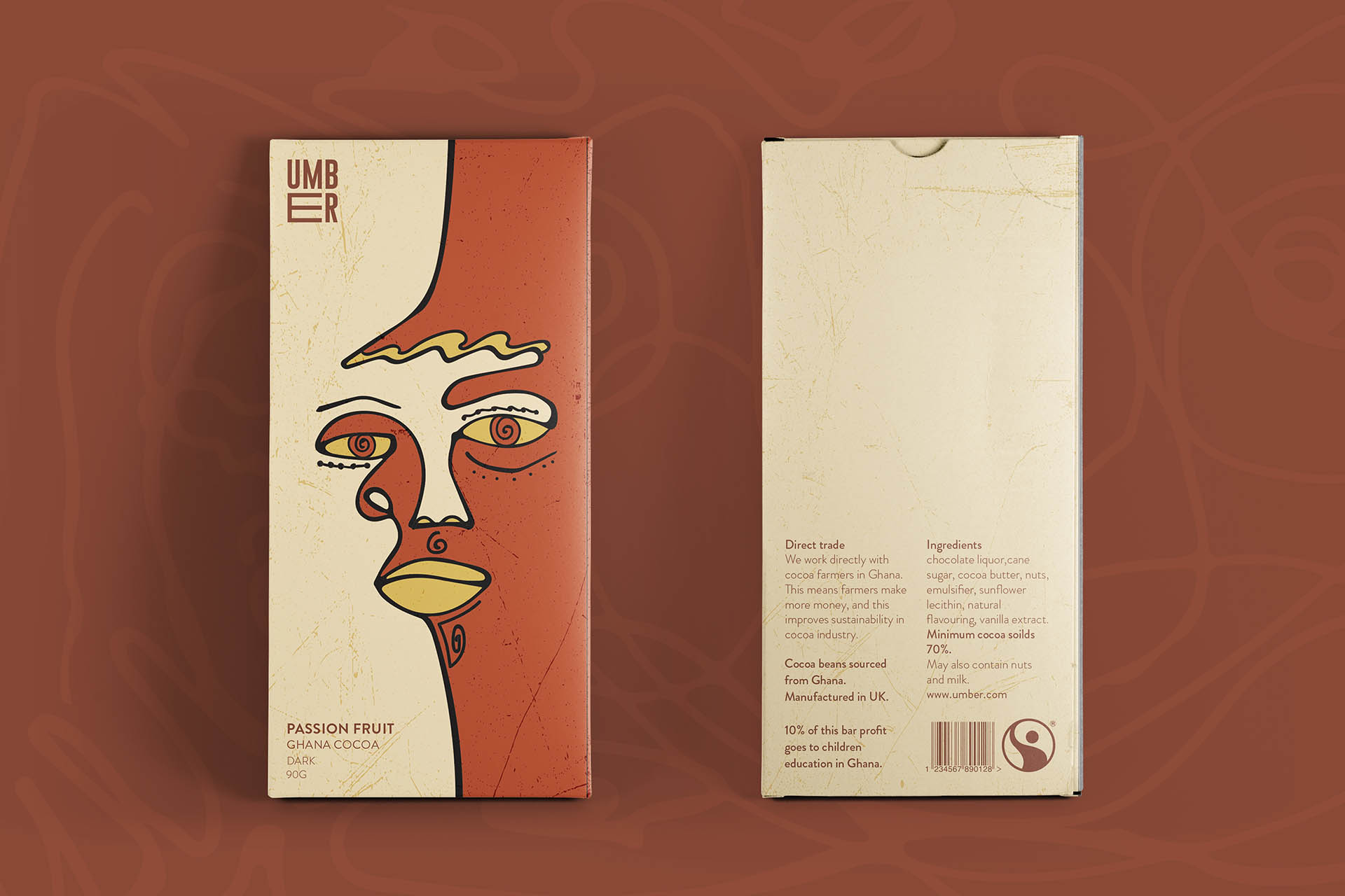 Visual identity and packaging for Umber a chocolate brand working with cocoa farmers to improve their income and sustainability