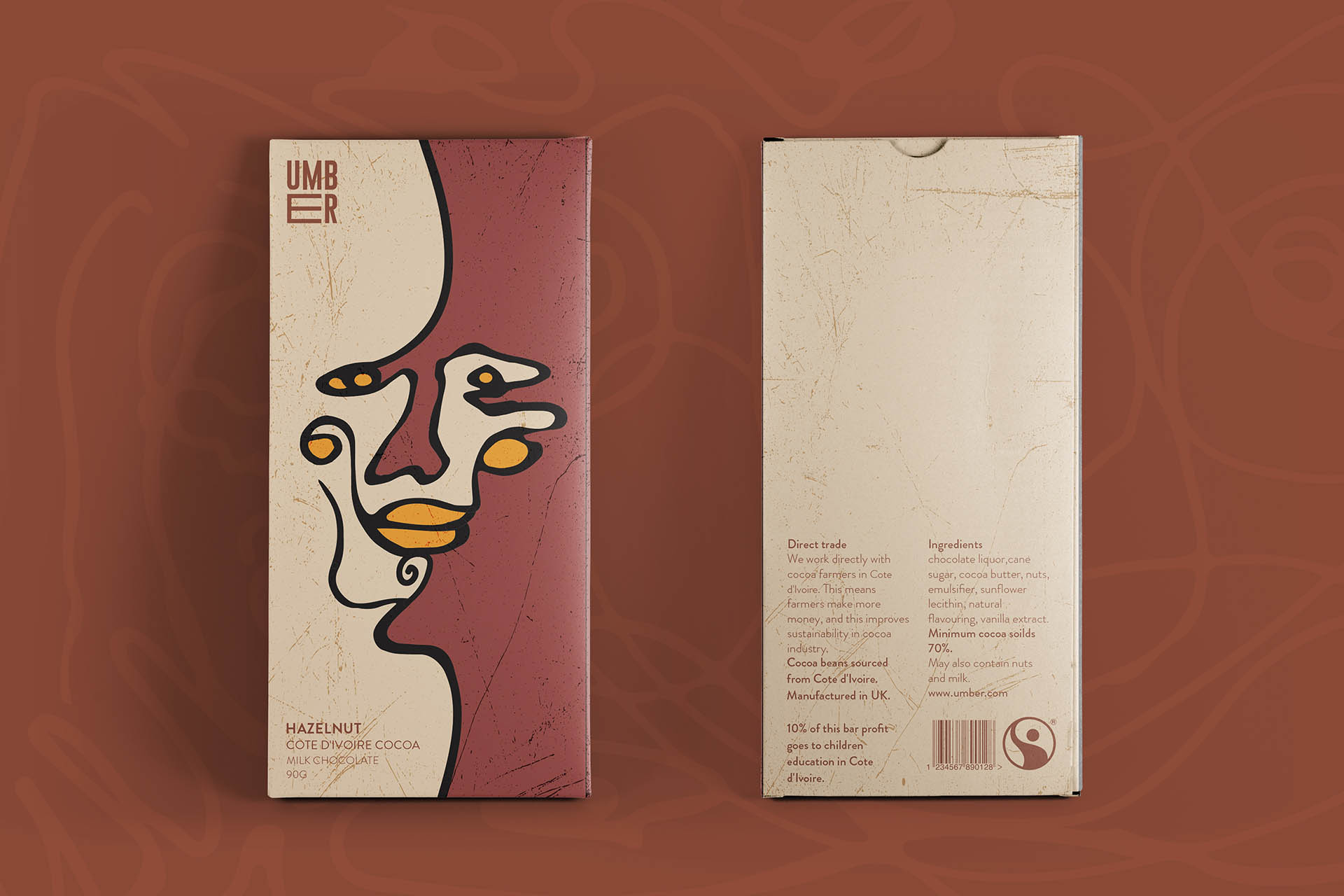 Visual identity and packaging for Umber a chocolate brand working with cocoa farmers to improve their income and sustainability