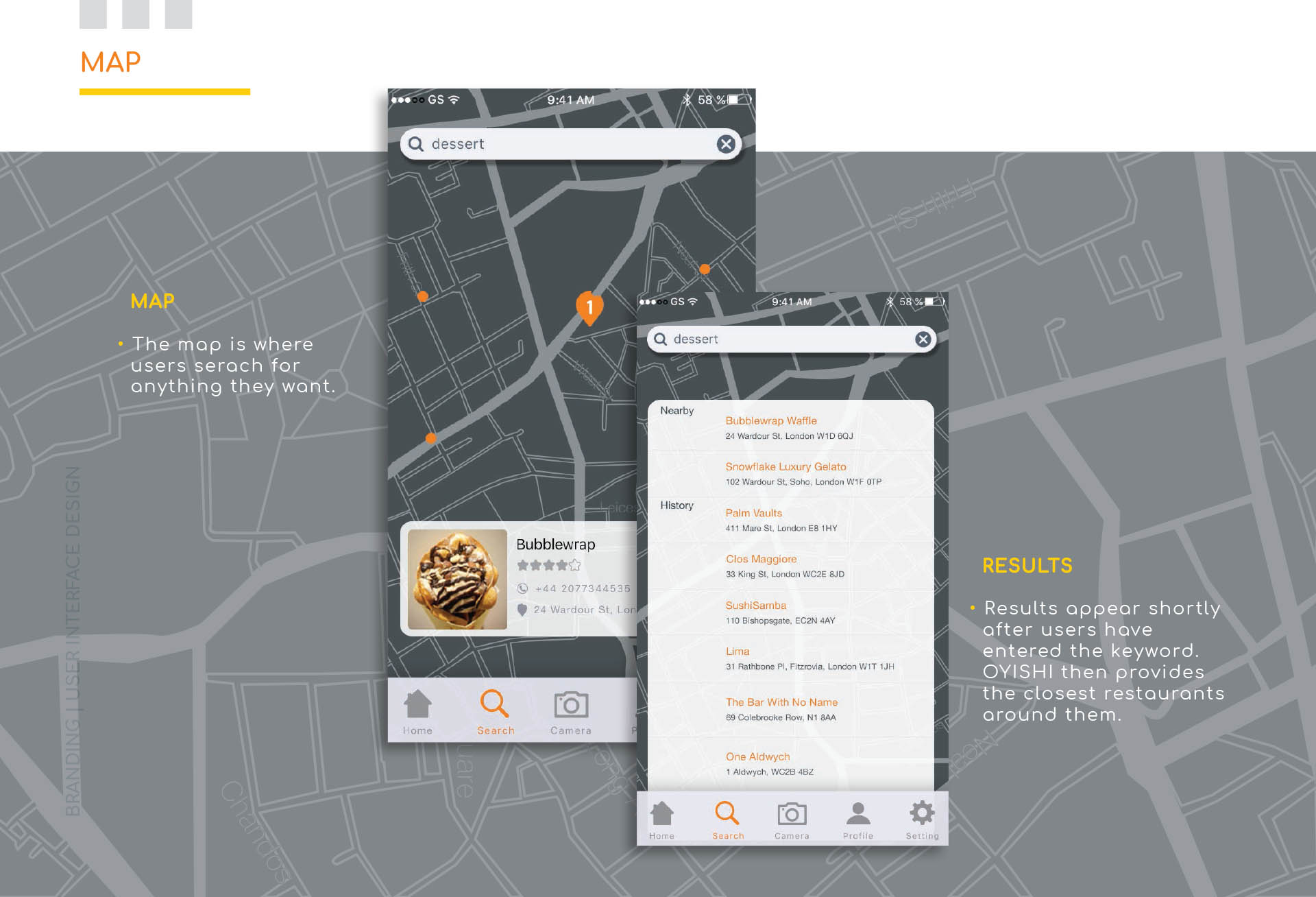 Brand and app design for Oyishi enabling you to find new places to dine and photograph