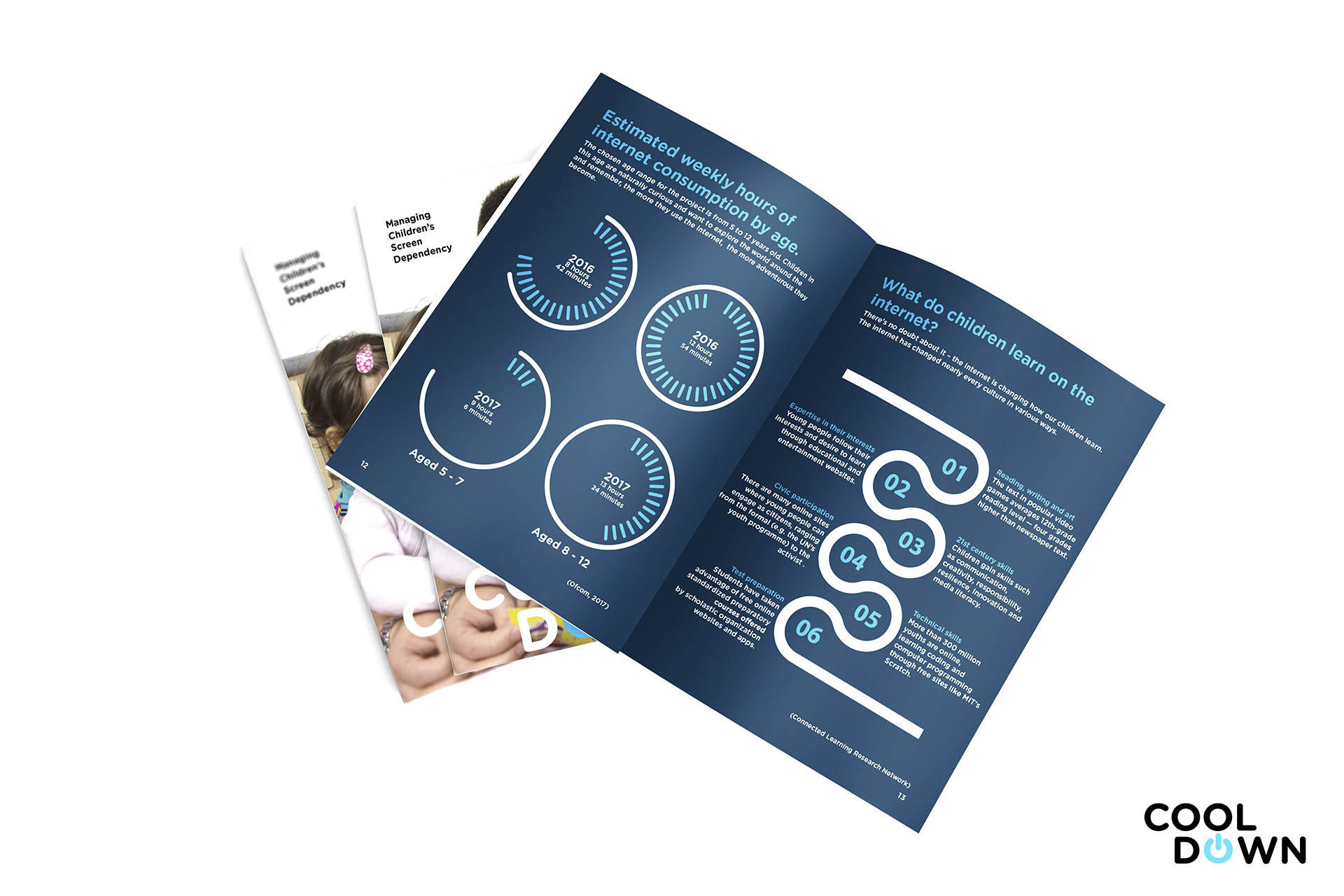 Cool Down booklet double spread visualising data regarding the use of the internet by children