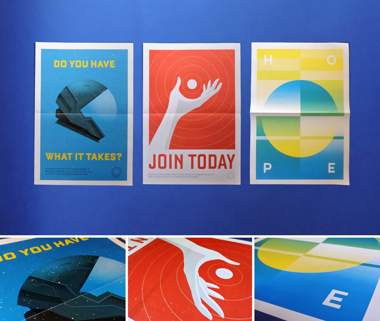 Group of posters that show different aspects about the creation of the planet, including the recruitment of personnel, left and centre and how people felt about it, right