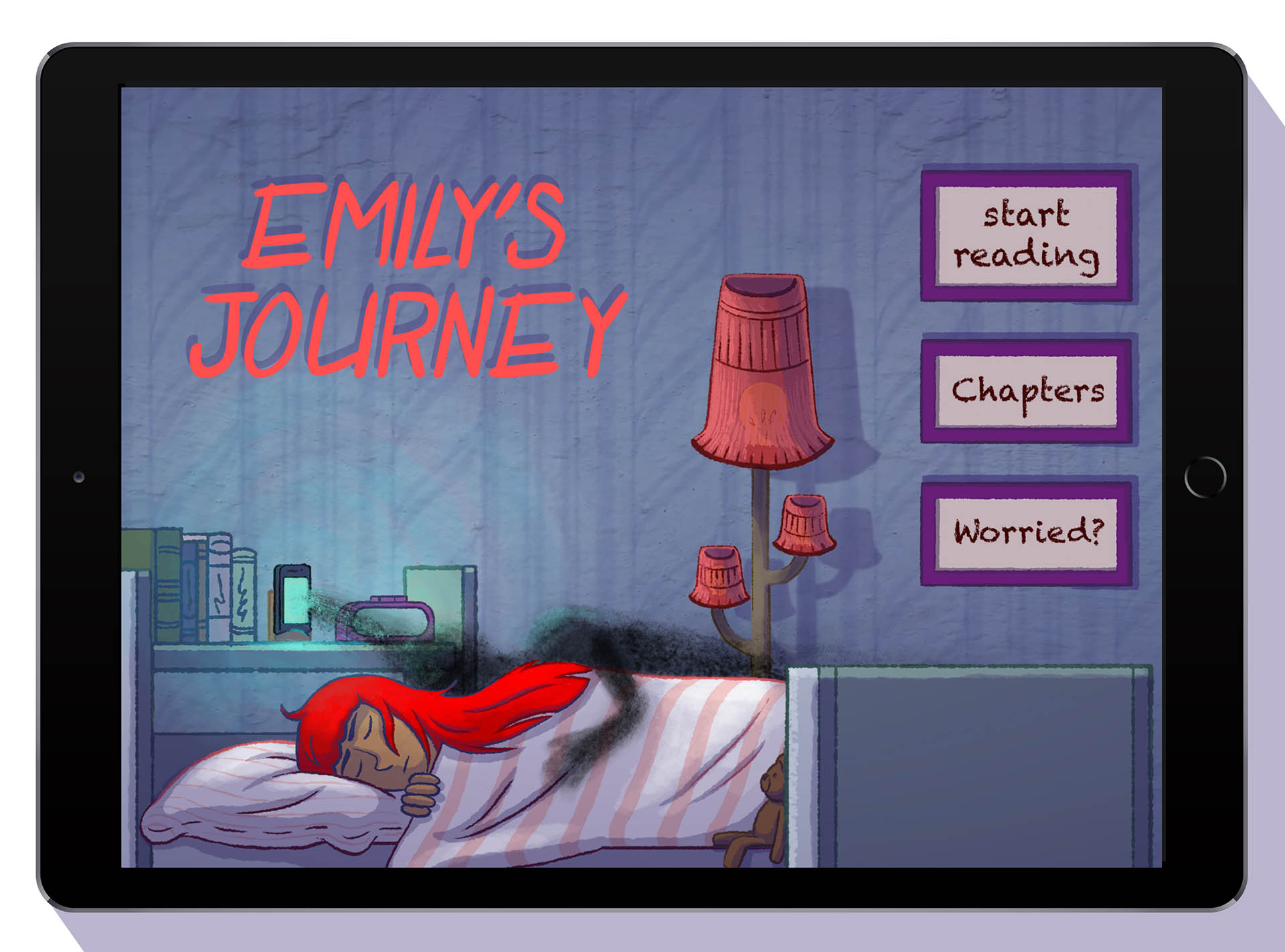 Mock-up of the interactive graphic novel with navigation icons